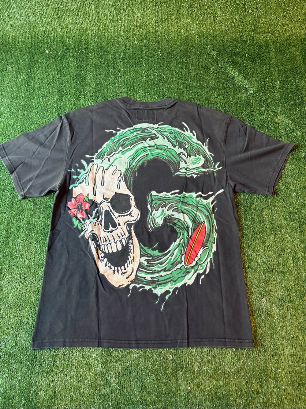 Men's Black Skull & Green Wave Graphic Short Sleeve Tee